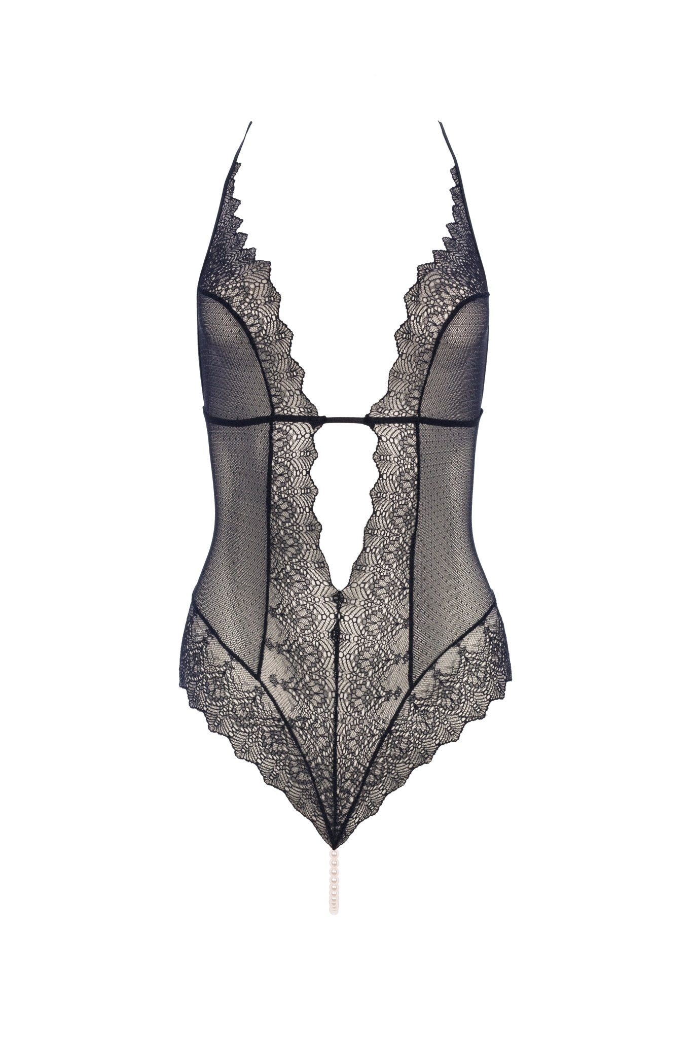 Flat lay of Geneva Pearl Thong Bodysuit Black by BRACLI laid flat displaying elegant Italian lace and pearl features.
