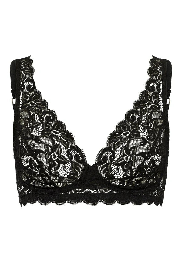 Front view of Black lace bra on a white background