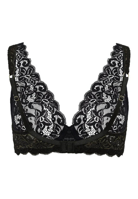 Back View of Black lace bra on a white background