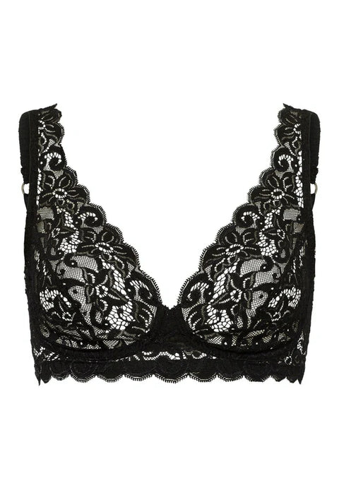 Front view of Black lace bra on a white background