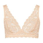 Flat view of the front of a lace bralette in beige on a white background