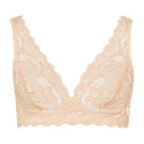 Flat view of the front of a lace bralette in beige on a white background
