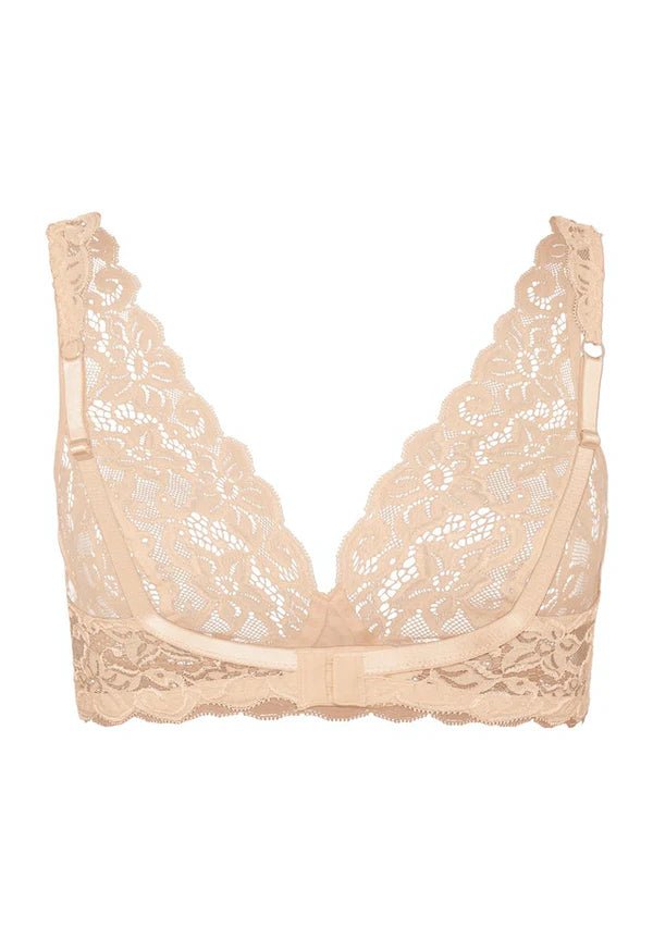 Flay lay view of the back of a beige lace bra on a white background