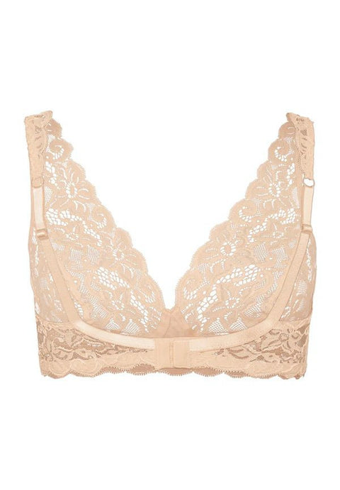 Flay lay view of the back of a beige lace bra on a white background