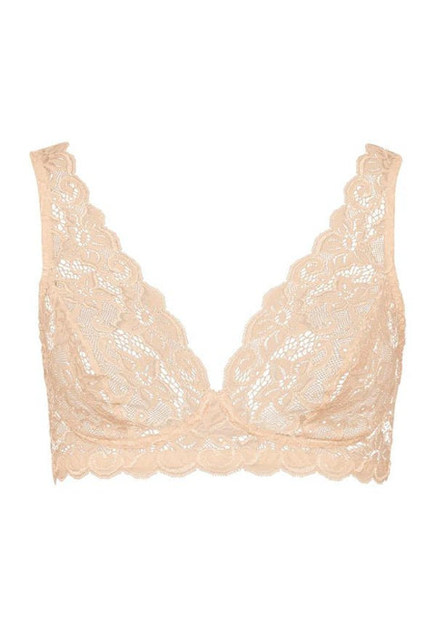 Flat view of the front of a lace bralette in beige on a white background