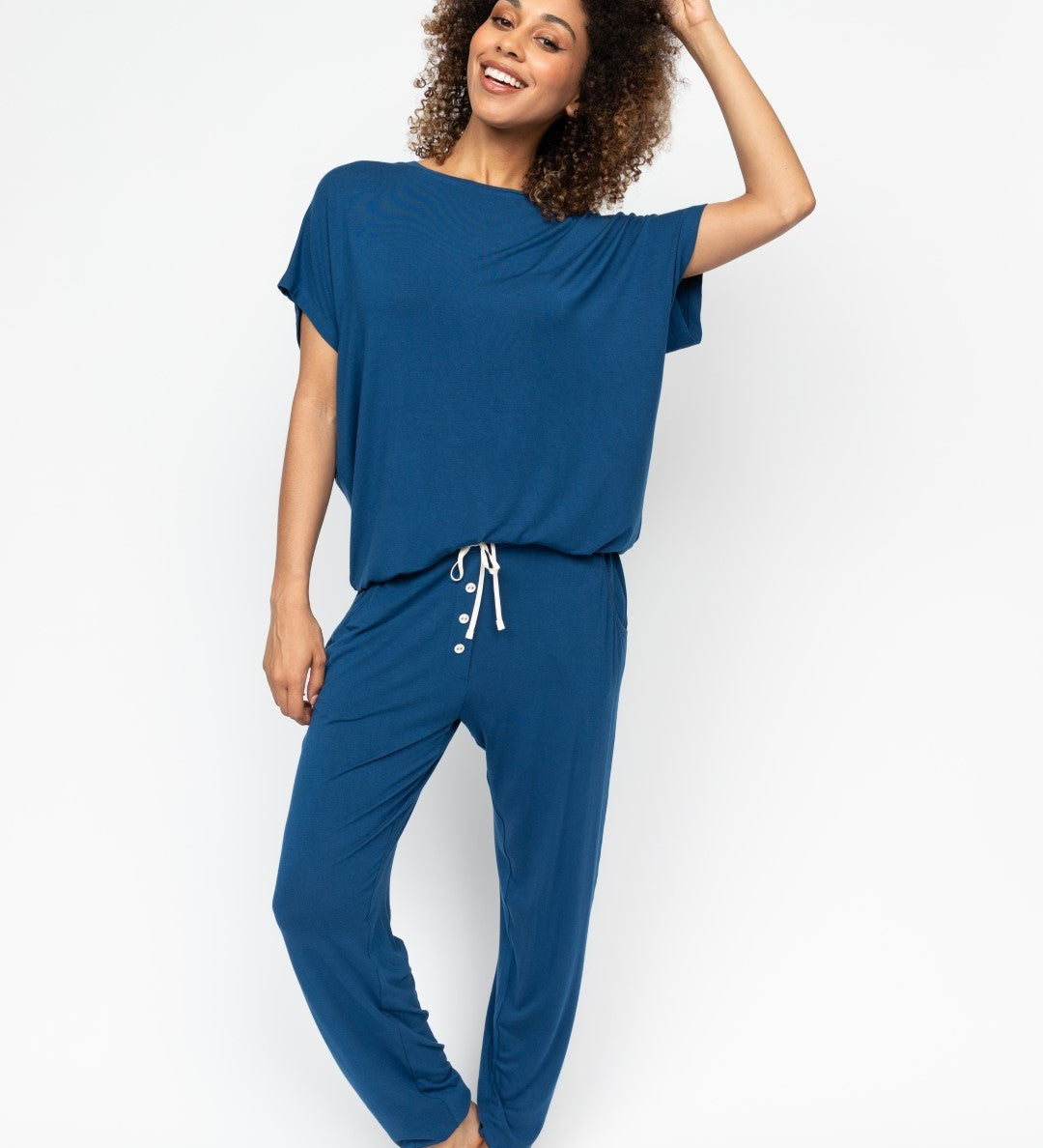 Cyberjammies Harriet Women’s Slouch Jersey Pyjama Set in soft modal with relaxed fit top and drawstring waist bottoms.
