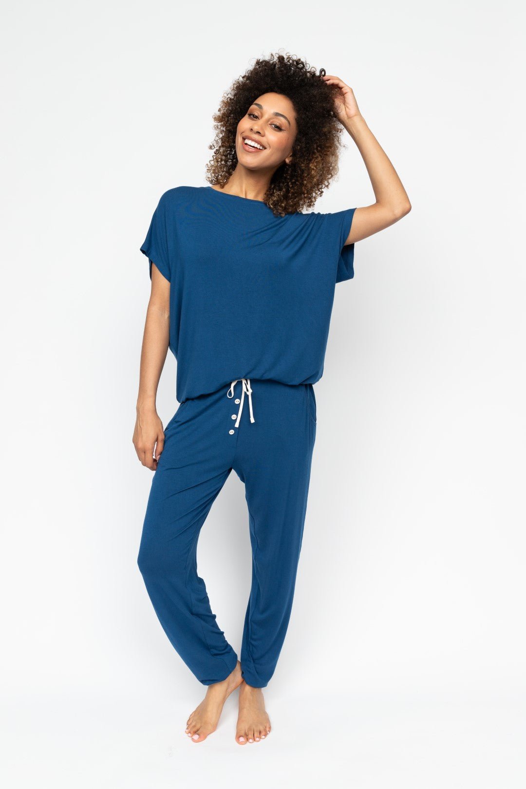 Cyberjammies Harriet Women’s Slouch Jersey Pyjama Set in soft modal with relaxed fit top and drawstring waist bottoms.