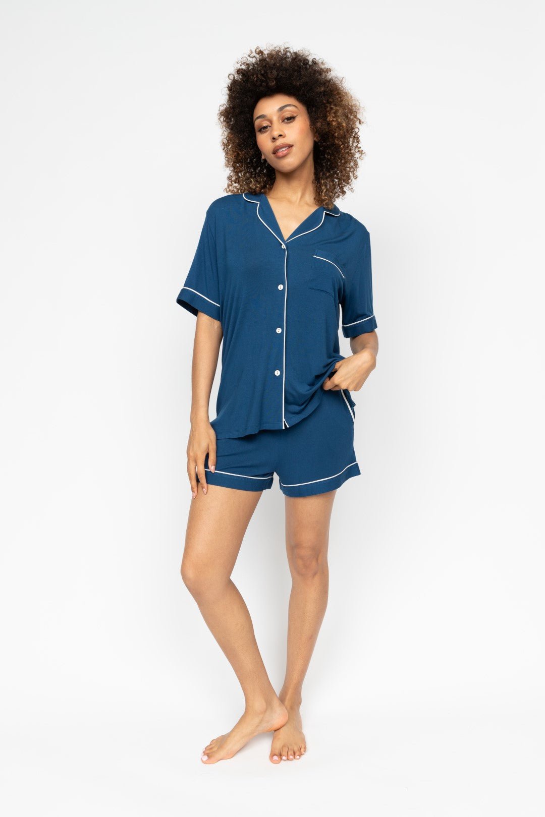 Cyberjammies Harriet Women’s Revere Jersey Shorty Set in breathable modal blend, with revere collar top and matching shorts for summer comfort.