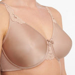 Close-up of Chantelle Hedona Minimiser Bra Nude, focusing on smooth full-coverage cups and underwire detail, available at The Foundation.