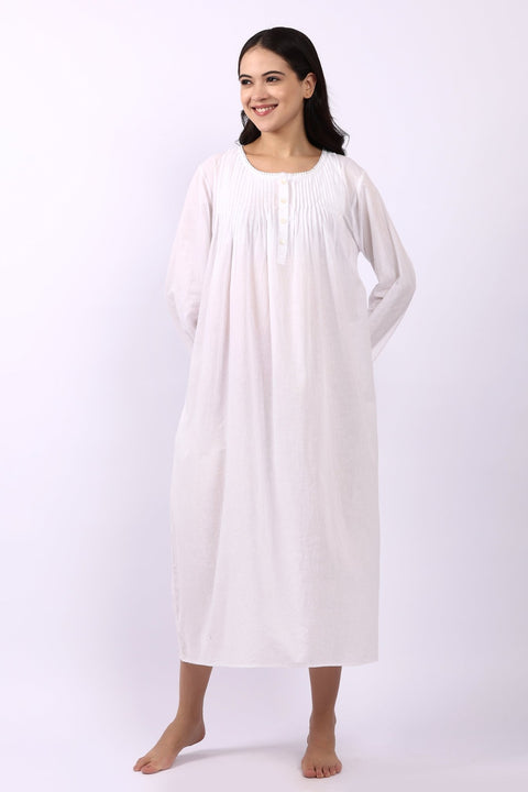 Sara Pintuck Long Sleeve Nightdress White