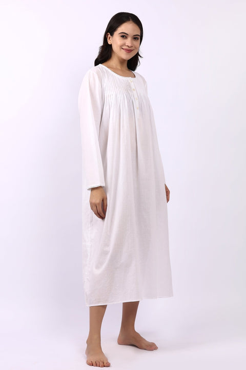 Sara Pintuck Long Sleeve Nightdress White