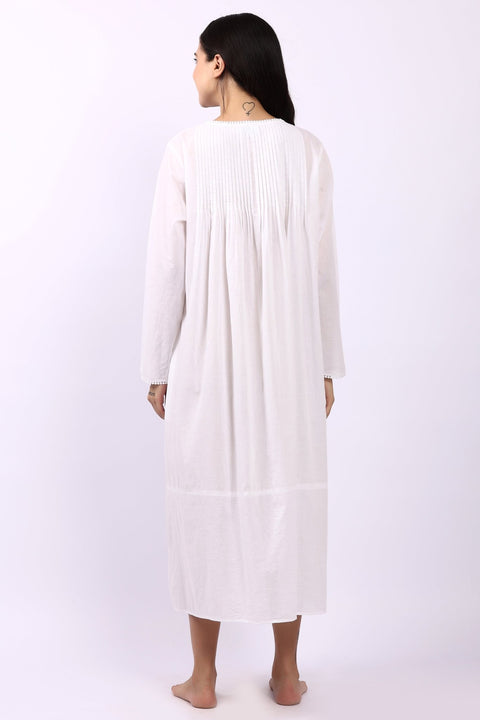 Back view of Lotus Sara long sleeve white cotton nightdress in breathable woven cotton.