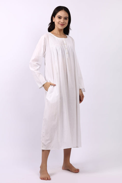 Sara Pintuck Long Sleeve Nightdress White