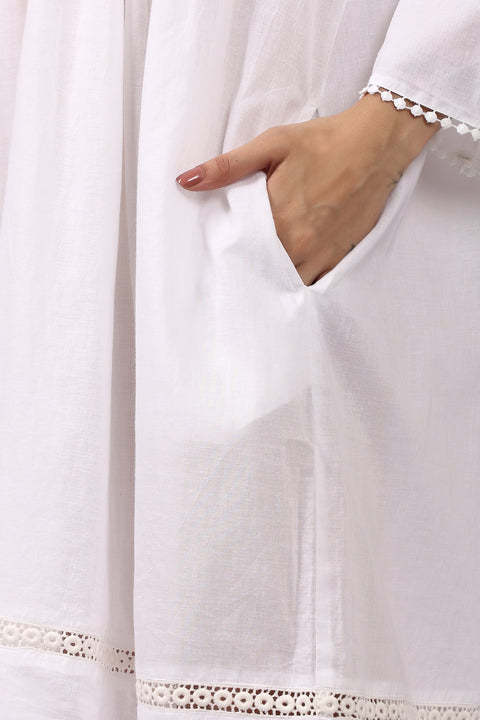 Close-up of pocket detail on Lotus Susie white 3/4 sleeve cotton nightdress.