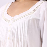 Close-up of pintuck bodice and lace-trim neckline on Lotus Susie cotton nightdress.