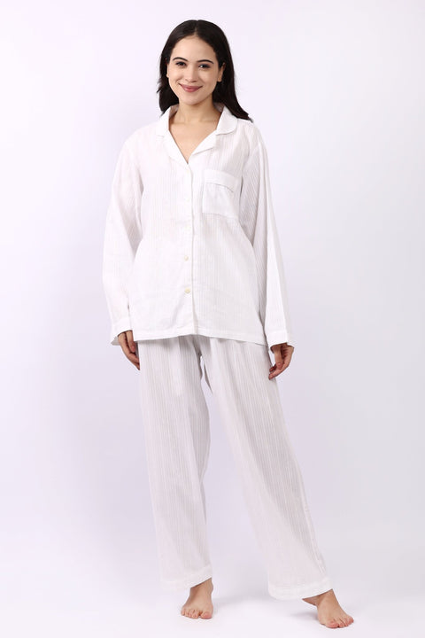 Jacqui Revere Long Pyjama Set White Self Stripe