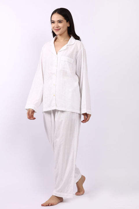 Jacqui Revere Long Pyjama Set White Self Stripe