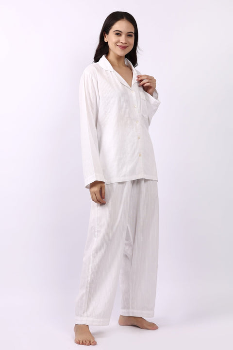 Jacqui Revere Long Pyjama Set White Self Stripe