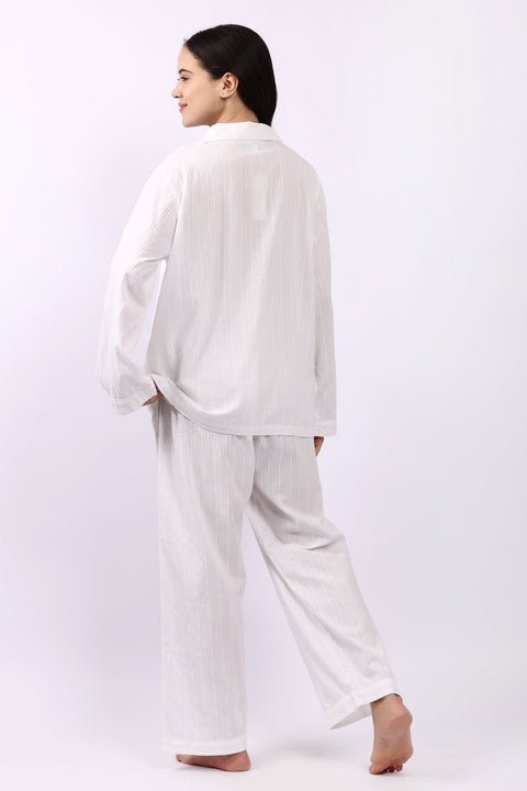 Back view of Lotus Jacqui revere collar cotton pyjama set in lightweight woven Indian cotton.