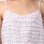 Woman wearing Lotus Frilly Nightie Sky Stripe, sleeveless cotton nightdress with frill detail Close up details