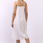 Back of Lotus Susie spaghetti strap white cotton nightie in breathable woven Indian cotton.