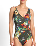 Hibiscus Gathered Surplice One Piece Swimsuit Forest