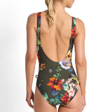 Hibiscus Gathered Surplice One Piece Swimsuit Forest