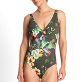 Hibiscus Buckle One Piece Swimsuit Forest