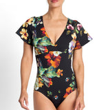 Hibiscus Flutter Sleeve One Piece Swimsuit Black