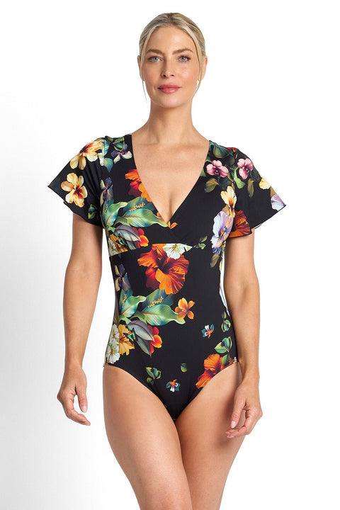 Hibiscus Flutter Sleeve One Piece Swimsuit Black