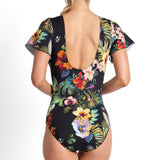Hibiscus Flutter Sleeve One Piece Swimsuit Black