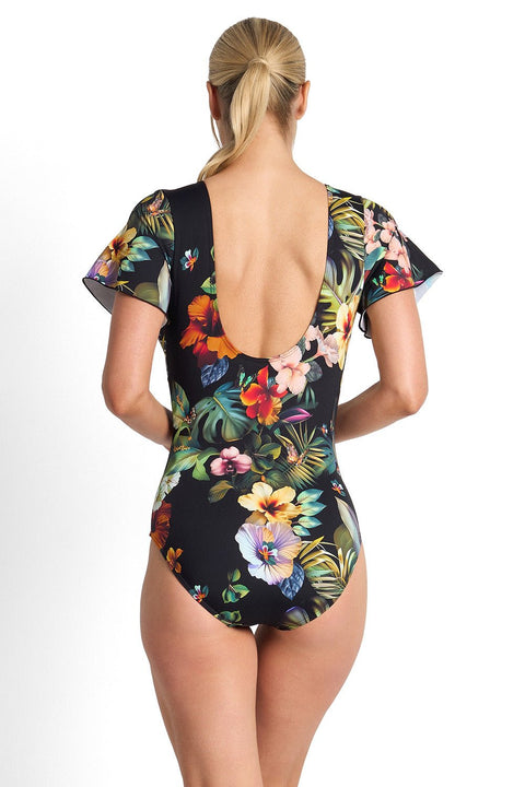 Hibiscus Flutter Sleeve One Piece Swimsuit Black