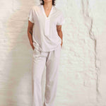 Front view of Soft grey short-sleeve cotton PJ set for women by Pluto, styled in a relaxed fit for effortless elegance and comfort.