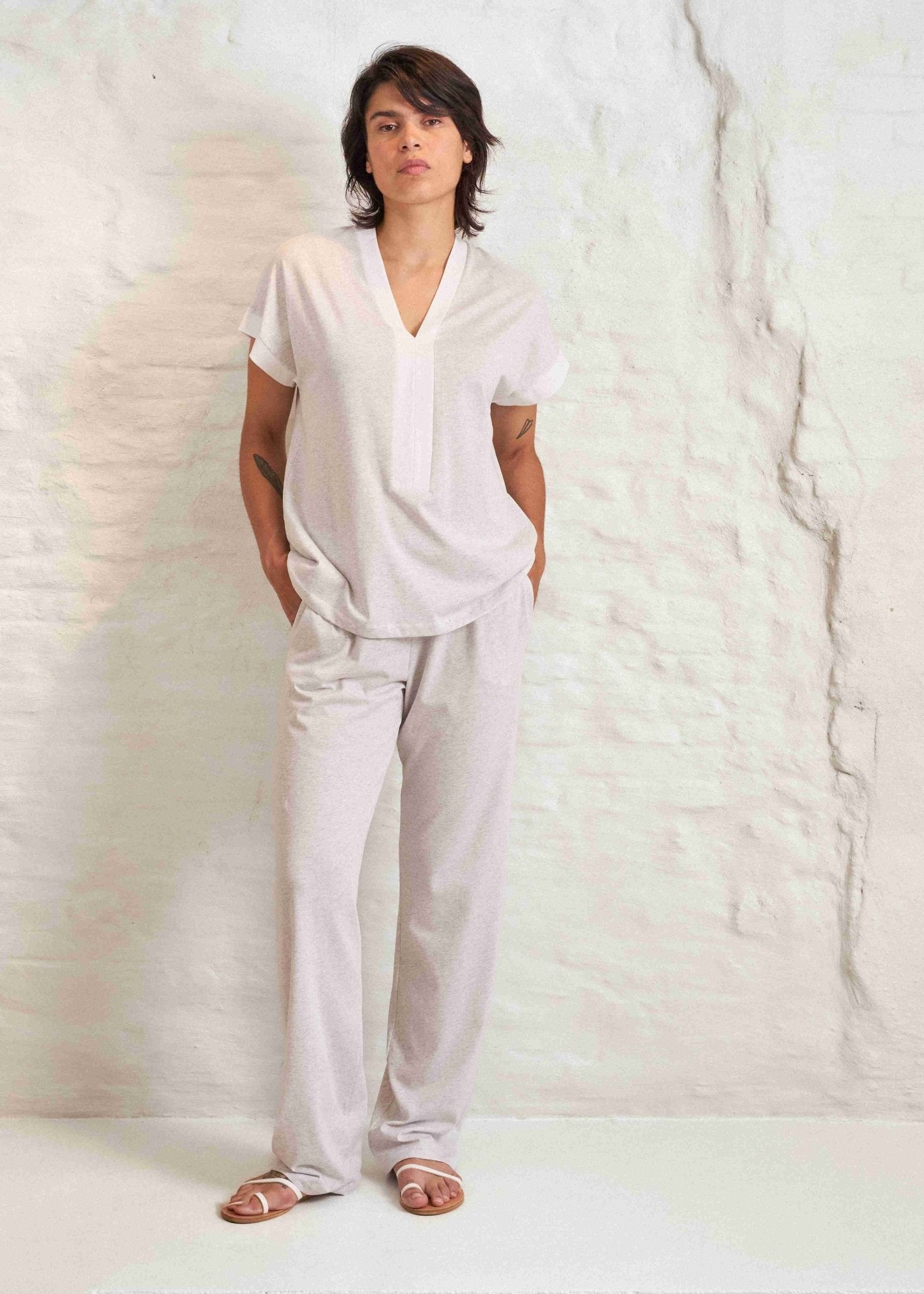 Front view of Soft grey short-sleeve cotton PJ set for women by Pluto, styled in a relaxed fit for effortless elegance and comfort.
