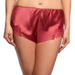 Front view of Scarlett Silk French Knicker in Desert Rose, featuring soft silk fabric and eyelash lace detail at the sides.