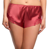 Front view of Scarlett Silk French Knicker in Desert Rose, featuring soft silk fabric and eyelash lace detail at the sides.