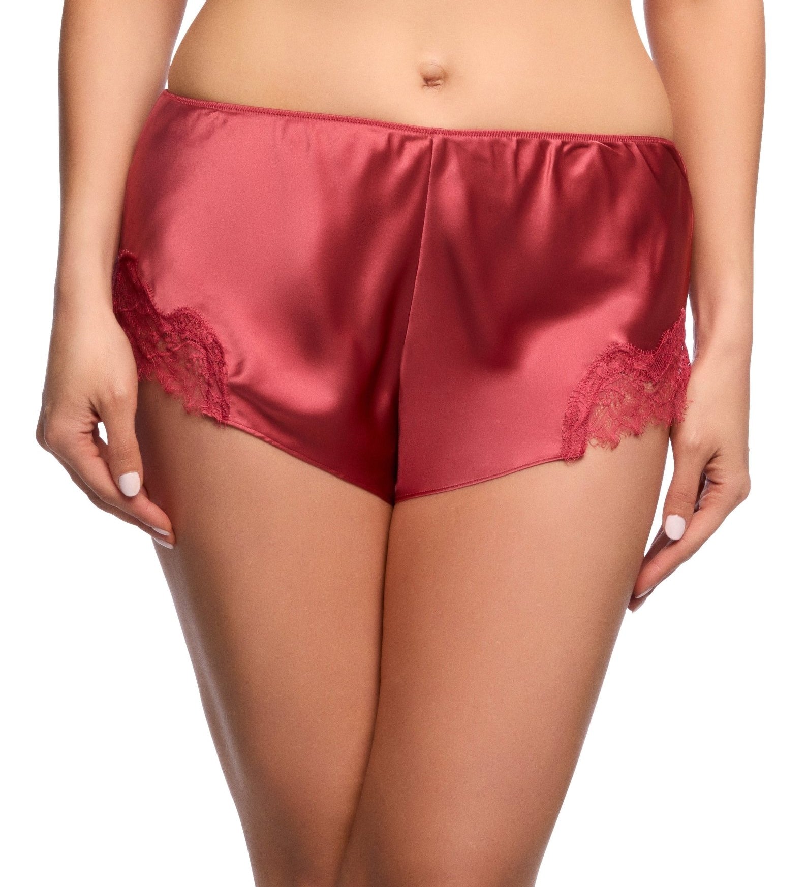 Front view of Scarlett Silk French Knicker in Desert Rose, featuring soft silk fabric and eyelash lace detail at the sides.