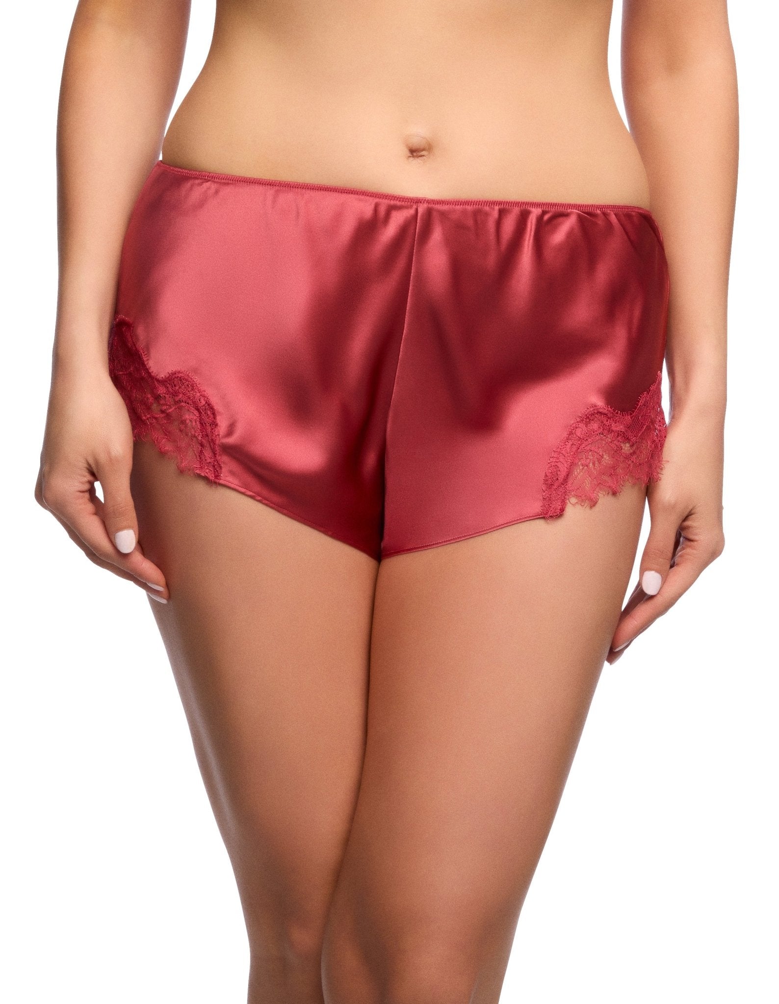 Front view of Scarlett Silk French Knicker in Desert Rose, featuring soft silk fabric and eyelash lace detail at the sides.