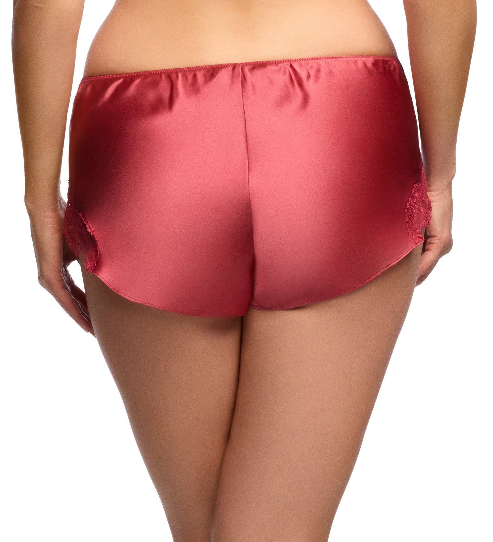 Back view of Scarlett Silk French Knicker in Desert Rose, showing smooth silk texture and delicate lace trim.