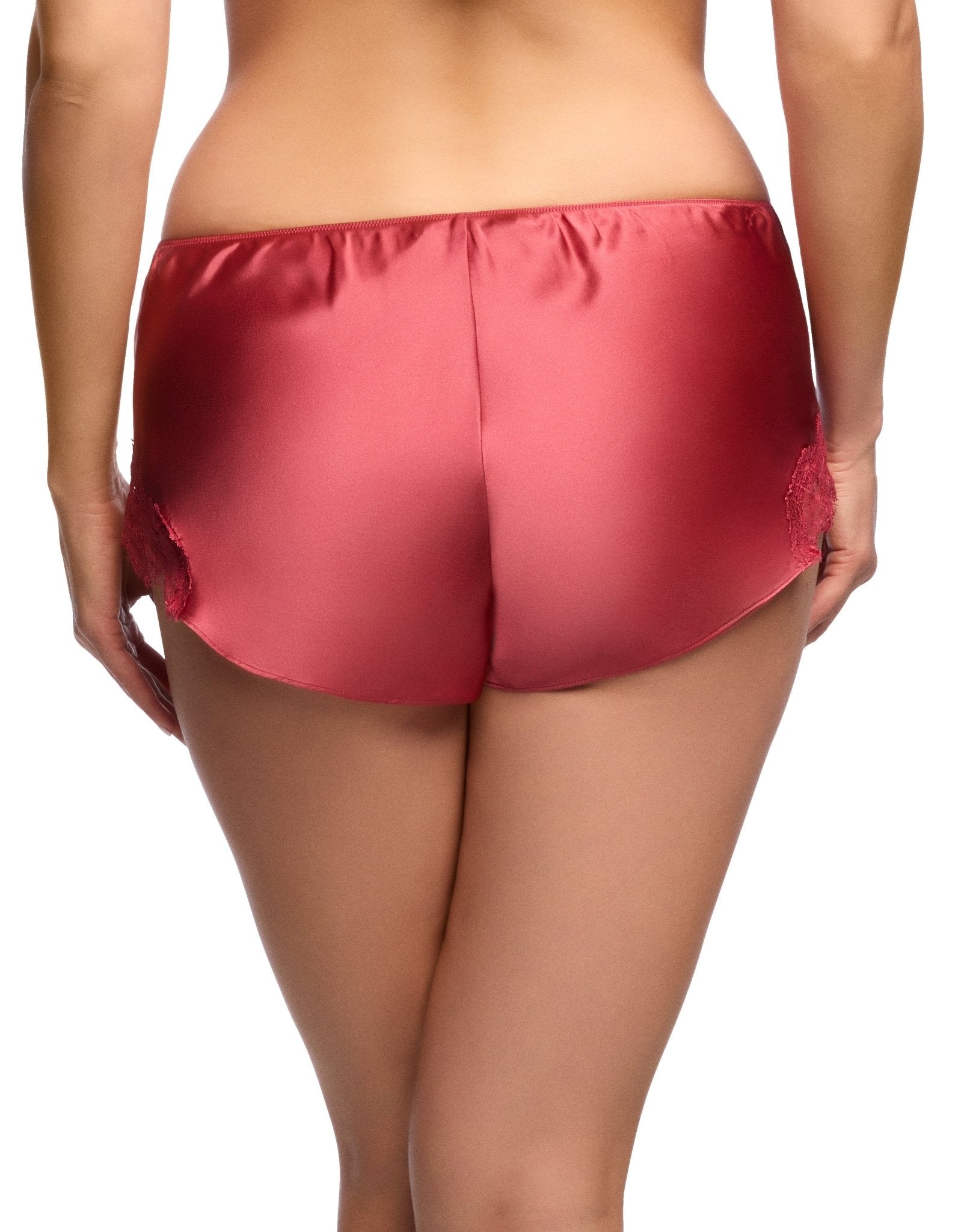 Back view of Scarlett Silk French Knicker in Desert Rose, showing smooth silk texture and delicate lace trim.