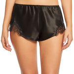 Front view of Scarlett Silk French Knicker in black, made from lustrous silk with delicate eyelash lace detailing at the side splits.