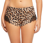Front view of Scarlett Silk French Knicker in animal print, luxury silk shorts with eyelash lace detail at the side splits.