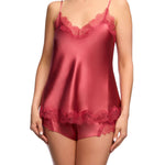 Front view of Scarlett Silk Cami with lace edge in Desert Rose, featuring delicate eyelash lace trim at the neckline and hem.