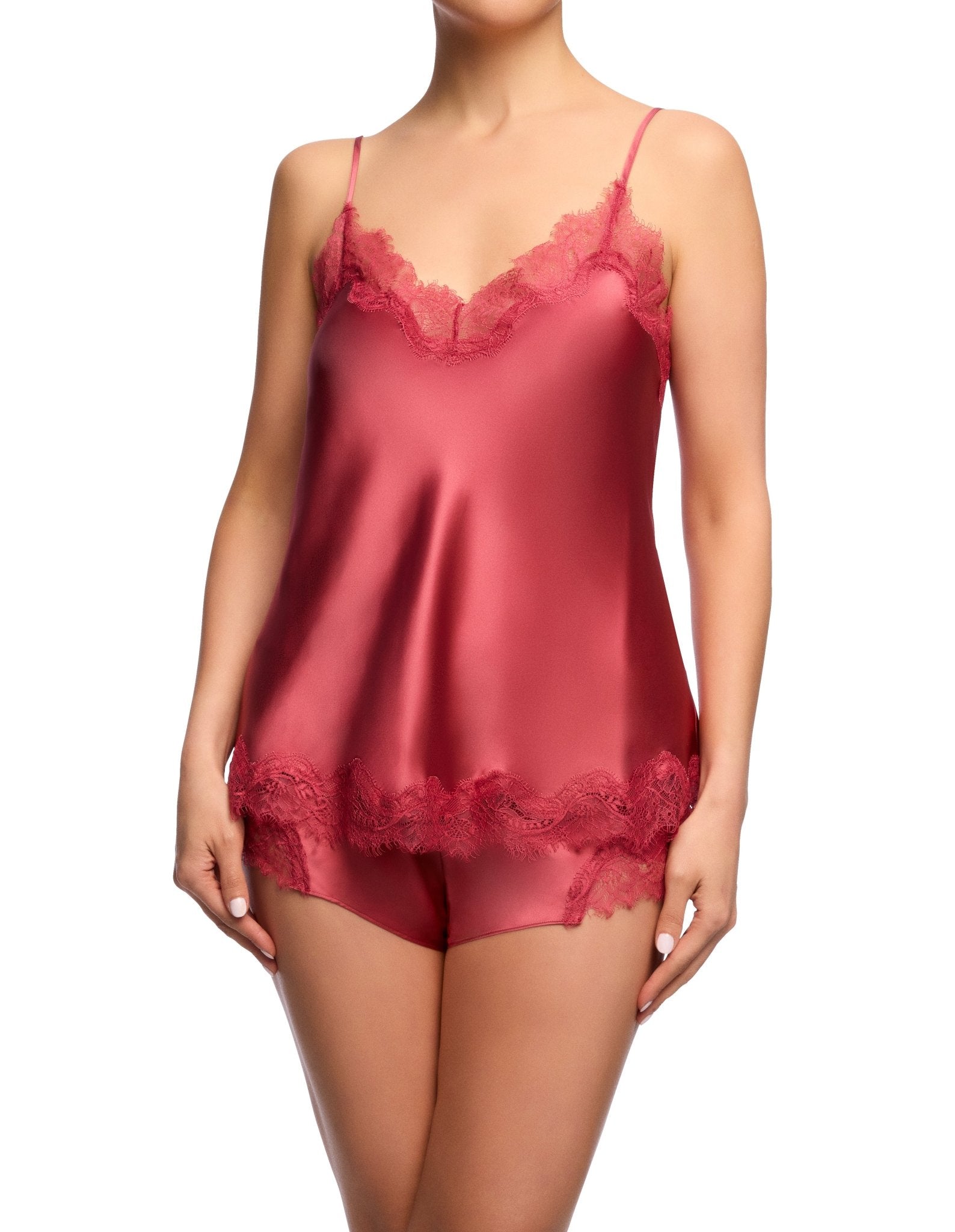 Front view of Scarlett Silk Cami with lace edge in Desert Rose, featuring delicate eyelash lace trim at the neckline and hem.