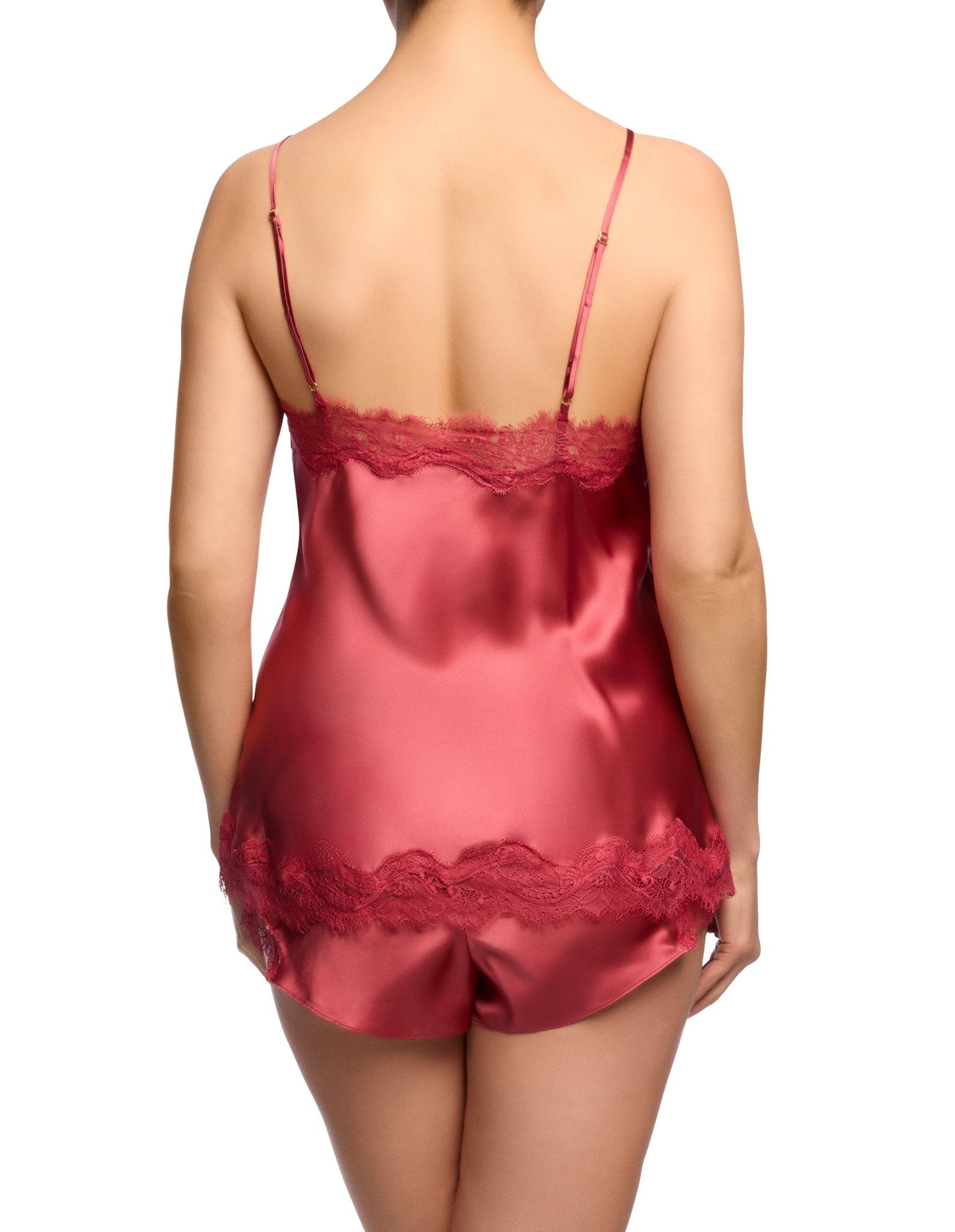 Back view of Scarlett Silk Cami in Desert Rose, showing detailed lace trim and elegant silk finish.