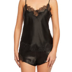 Front view of Scarlett Silk Cami in black, featuring luxury silk fabric and delicate eyelash lace trim along the neckline and hem.