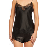 Front view of Scarlett Silk Cami in black, featuring luxury silk fabric and delicate eyelash lace trim along the neckline and hem.