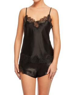 Front view of Scarlett Silk Cami in black, featuring luxury silk fabric and delicate eyelash lace trim along the neckline and hem.