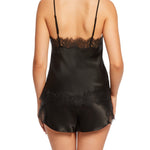 Back view of Scarlett Silk Cami in black, showing smooth silk fabric and lace detail for elegant sleepwear or layering.