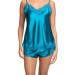 Front view of Scarlett Silk Cami in Jewel Blue, featuring delicate eyelash lace trim at the neckline and hem, made from 100% silk.